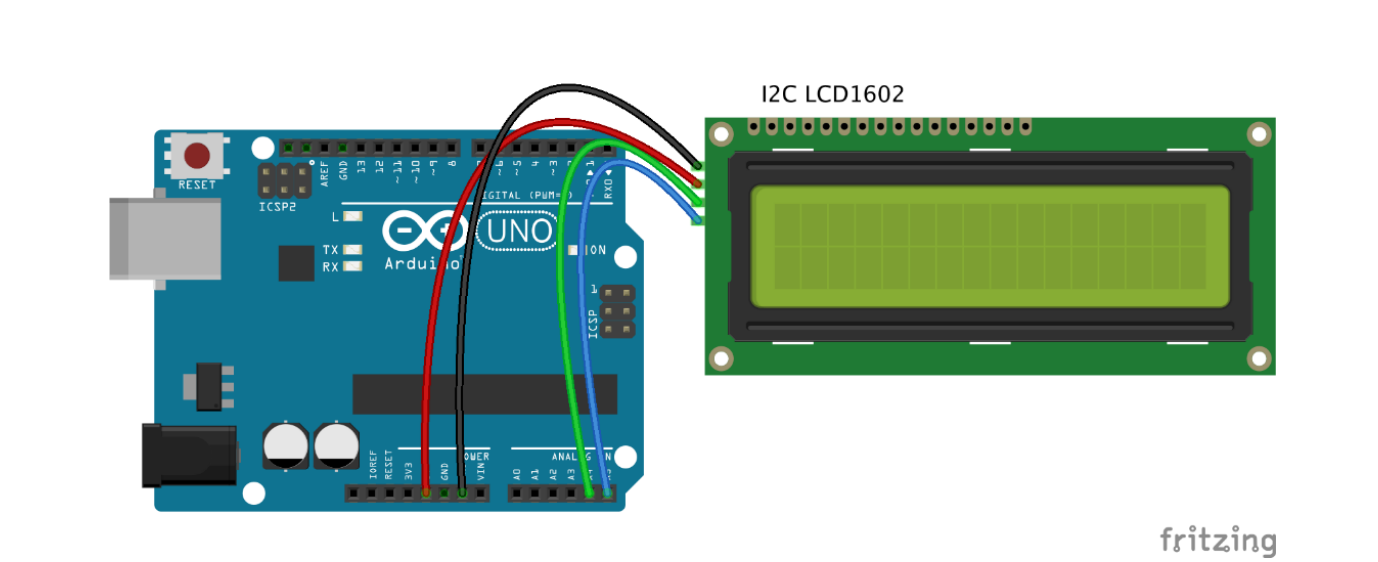 Schéma zapojení Arduino – I2C skener, LCD 1602 připojený přes SDA na A4 a SCL na A5