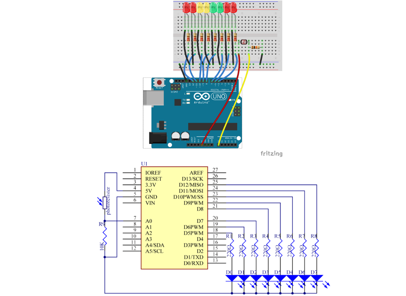 Schéma zapojení Arduino – fotorezistor na pinu A0 a 8 LED na pinech 5 až 12
