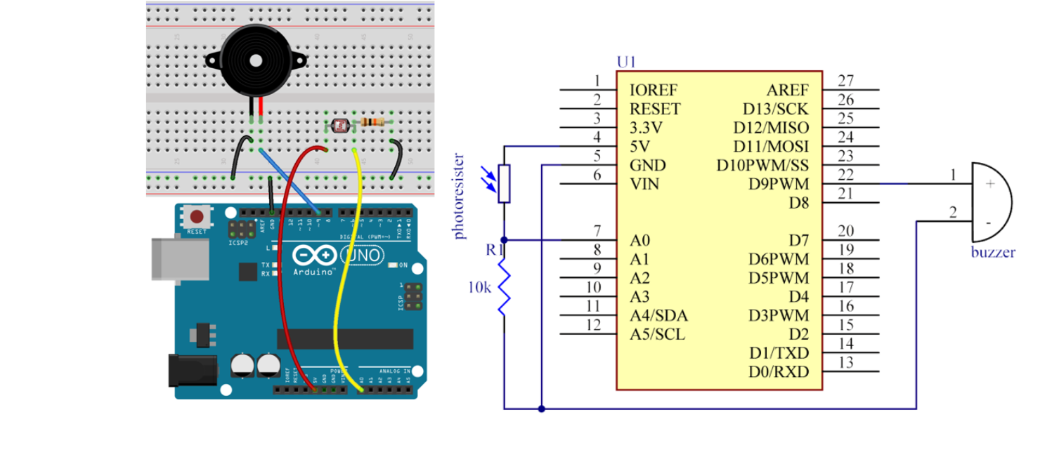 Schéma zapojení Arduino – fotorezistor na pinu A0 ovládá bzučák na pinu 9