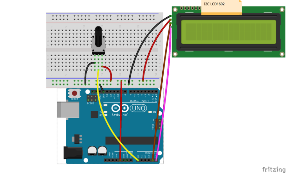 Schéma zapojení Arduino – voltmetr s I2C LCD displejem a potenciometrem na pinu A0